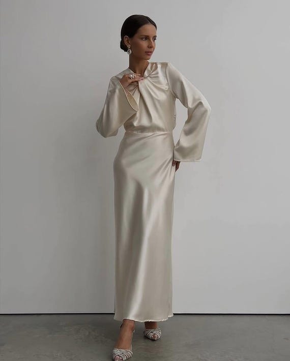 cream satin bridesmaid dress Monroe Cream Maxi Dress
