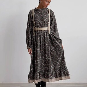 Cottagecore Vintage Floral Dress – Dark Button Down Prairie Midi with Long Sleeves, Romantic Modest Handmade Victorian Inspired Look