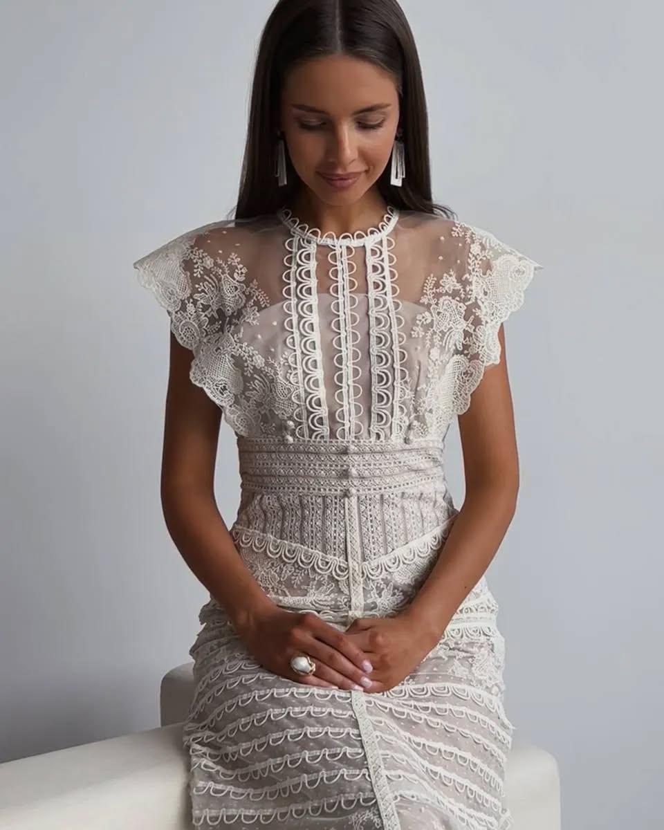 red lace midi dress with sleeves Ever-Pretty Asymmetrical Midi Lace Formal Dress with Short Sleeve
