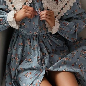 Renaissance Victorian Dress – Vintage Inspired Cottagecore Gown with Embroidery, Lace Collar, Ruffles, Long Sleeves, Modest Handmade Look