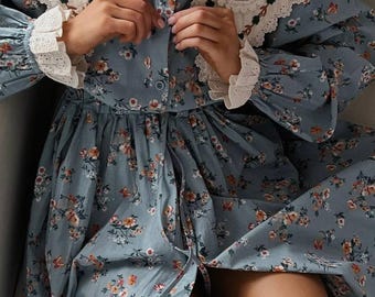 Vestido estilo Cottagecore com bordados, gola de renda, babados, mangas compridas e um visual discreto.