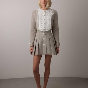 Vintage Beige Tweed Anzug - Eleganter zweiteiliger Damen-Blazer und Rock, Retro-Büro-Business-Anzug mit Jacke für formelle Looks
