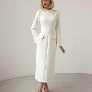 Elegant Midi Dress | White Cotton Wedding Guest Dress | Formal Long Sleeve Cocktail Dress | Party Dress | Casual & Formal Western Dress