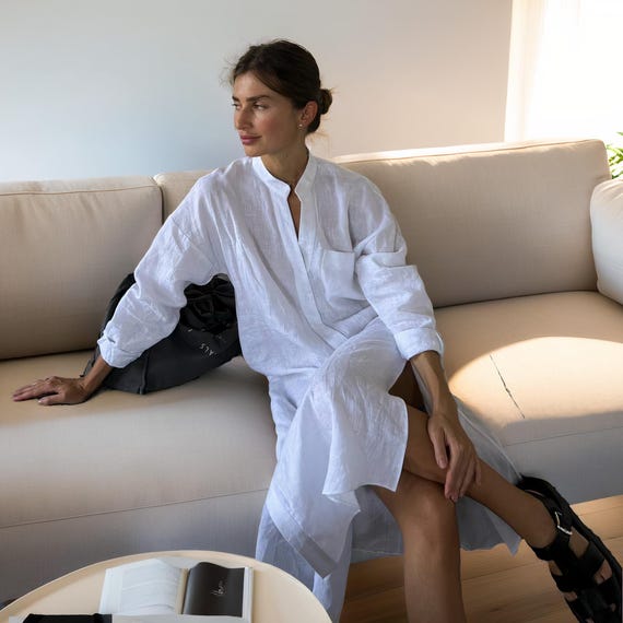 Camisa larga de playa blanca Vestido largo de lino Vestido de