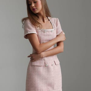 Pink Bouclé Short Dress – Luxury Tweed Cocktail Party Dress, Square Neck, Pearl Button Detail, Cute Elegant Mini Dress