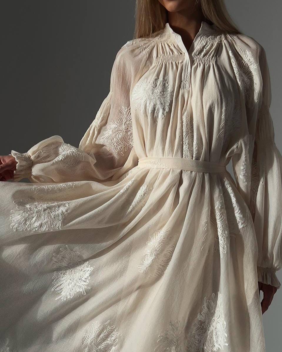 cream lace dress for wedding guest Women's Lace Midi Dress Wedding Guest Dress, Garden Party Dress, Long Sleeve Dress, Bridesmaid, Formal or Evening Look
