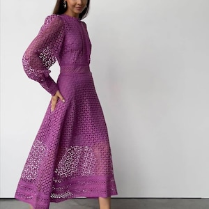 Romantic Purple Lace Midi Dress – Vintage Inspired Eyelet Dress with Puff Sleeves, Handmade Elegant Party Dress for Women