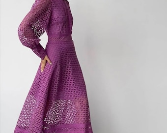 Romantic Purple Lace Midi Dress – Vintage Inspired Eyelet Dress with Puff Sleeves, Elegant Party Dress for Women