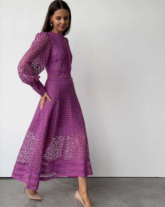 Romantic Purple Lace Midi Dress - Vintage Inspired Eyelet Dress with Puff Sleeves, Elegant Party Dress for Women