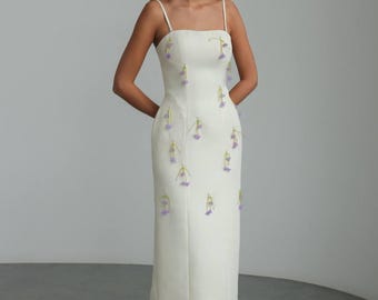 Handmade Floral Embroidered Midi Dress – Summer Wedding Guest Gown