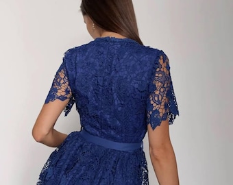 Blue Lace Midi Dress – Wedding Guest Dress, Bridesmaid, Garden Party Dress