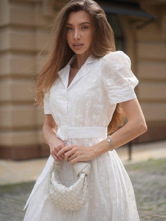 White Midi Dress - Romantic Cottagecore Dress, Garden Party Look