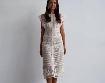 OffWhite Lace Midi Dress – Romantic Graduation Summer Garden Wedding Guest Bridesmaid Formal Evening Gown