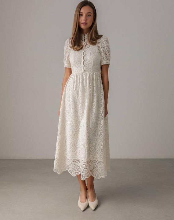 Ivory Embroidered Lace Dress - Wedding Guest Dress, Romantic Tea Length Modest Dress Retro Style Ivory Embroidered Lace Dress - Wedding Guest Dress, Romantic Tea Length Modest Dress Retro Style