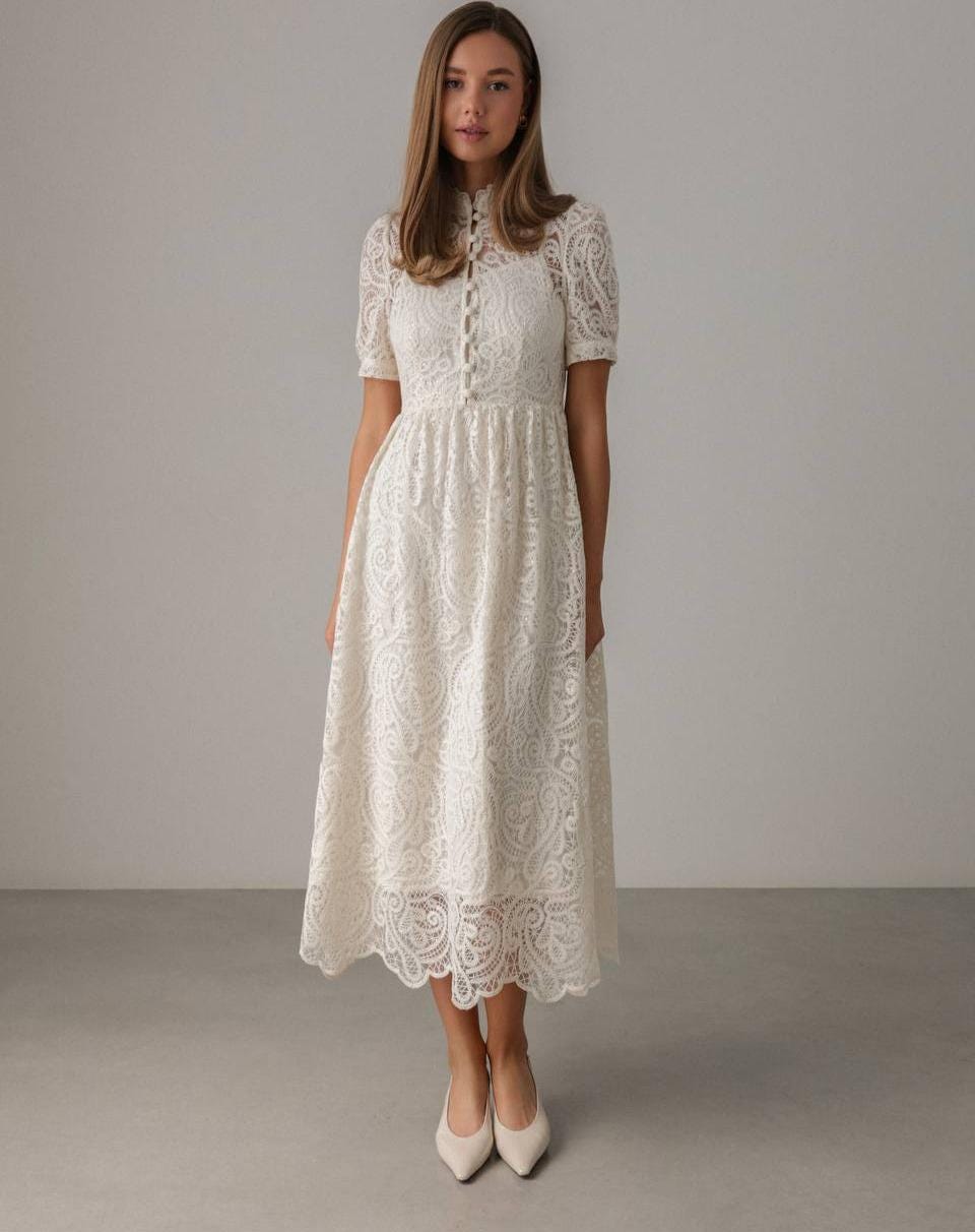 embroidered lace dress white White Embroidered Lace A Line Midi Dress