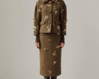 Wool Skirt Suit for Women | Vintage Style Two Piece Outfit | Retro Wool Jacket and Skirt | Chic Everyday Wear Suit