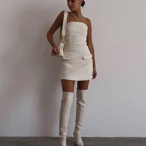 White Tweed Dress Suit – Luxury Short Cocktail Party Dress with Jacket, Elegant Women’s Tweed Outfit for Special Occasions