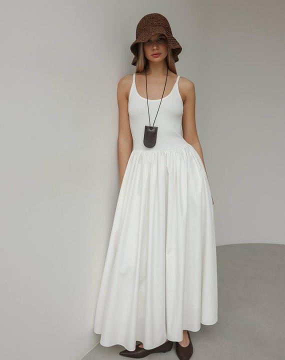 Abito lungo in cotone bianco – Abito da spiaggia, abito da vacanza