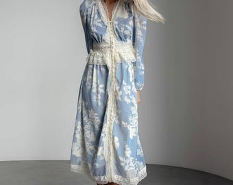 Blaues Midikleid, Gartenpartykleid, langes Ärmelkleid mit Blumenmuster