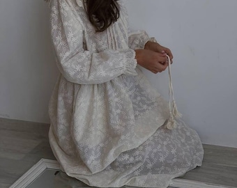 Ivory Midi Dress | Cottagecore Embroidered Dress, | Casual Boho Clothing for Women, Modest  Long Sleeve Dress