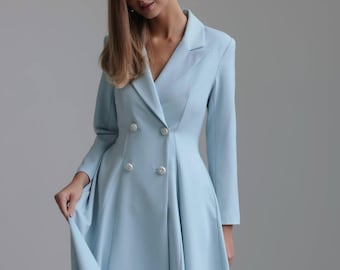 Abito da donna azzurro chiaro – Abito formale doppiopetto con maniche lunghe, stile vintage