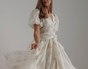 Women Midi Dress, Romantic Floral Print, Casual Dress