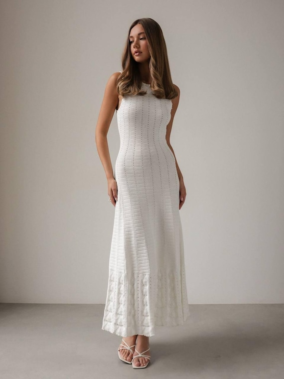 beach vacation dinner dress White Cotton Dress - Knitted Dress - for the Beach - for a Walk - for Dinner - Vacation Dress, Resort Wear Tunic