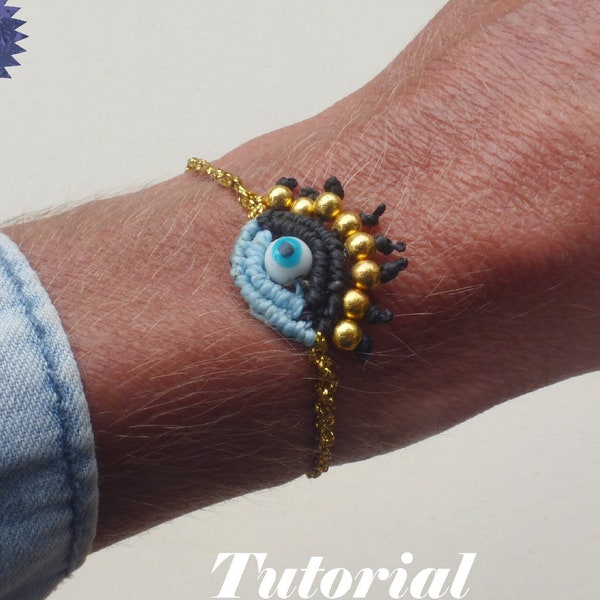 Macrame Bracelet Tutorial - Eye Bracelet Micro macrame jewelty pattern - Turkish eye protection adjustable Bracelet - Evil eye amulet