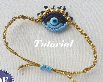 Macrame Bracelet Tutorial - Eye Bracelet Micro macrame jewelty pattern - Turkish eye protection adjustable Bracelet - Evil eye amulet