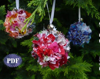 NO SEW BALL Fabric Scraps Ornament - Christmas wreath ornament, Spring easter No Sew photo tutorial - Reuse Quilting Fabric Scraps leftovers