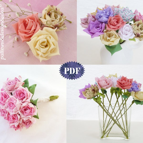 Fabric Roses NO SEW photo tutorial & templates flower Bride BOUQUET vase arrangment easy flower pattern True Love Roses  wedding decor adorn