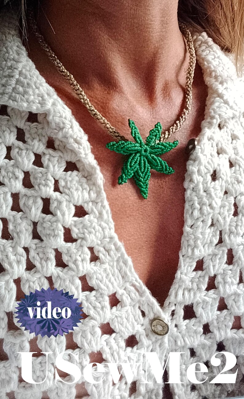 Macrame Leaf Micro Macrame Tutorial VIDEO how to macrame Cannabis Leaves pattern jewelry unique textil accessory macrame pendant pattern macrame how to beginner macrame EASY tutorial