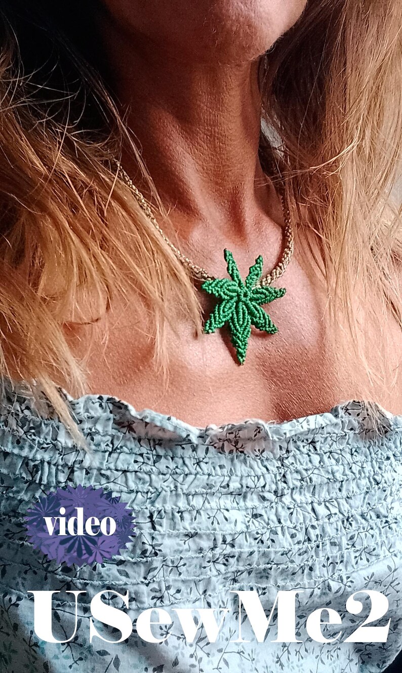 Macrame Leaf Micro Macrame Tutorial VIDEO how to macrame Cannabis Leaves pattern jewelry unique textil accessory macrame pendant pattern macrame how to beginner macrame EASY tutorial