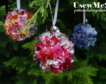 NO SEW BALL Fabric Scraps Ornament - Christmas wreath ornament, Spring easter No Sew photo tutorial - Reuse Quilting Fabric Scraps leftovers