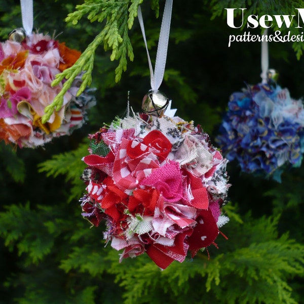 NO SEW BALL Fabric Scraps Ornament - Christmas wreath ornament, Spring easter No Sew photo tutorial - Reuse Quilting Fabric Scraps leftovers