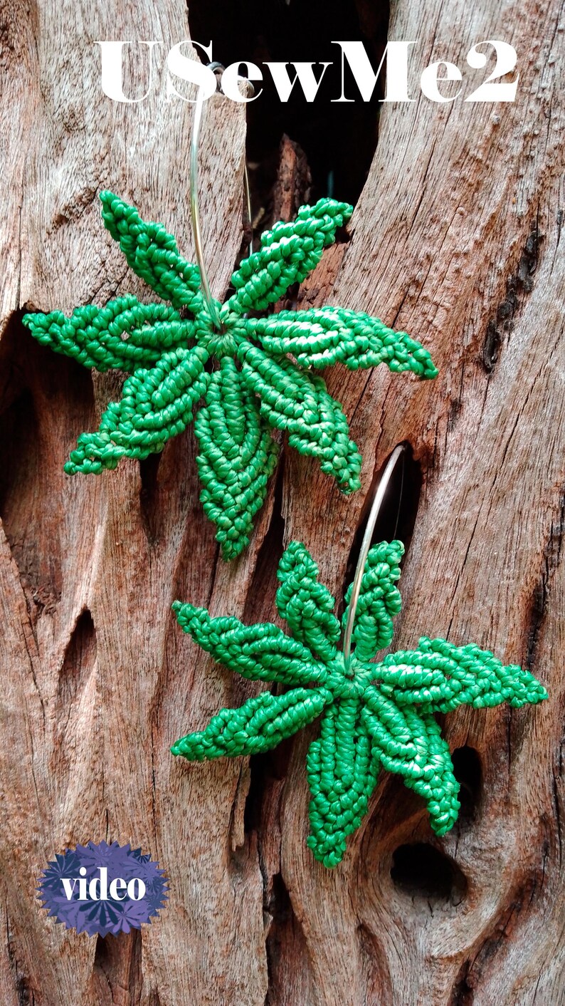 Macrame Leaf Micro Macrame Tutorial VIDEO how to macrame Cannabis Leaves pattern jewelry unique textil accessory macrame pendant pattern macrame how to beginner macrame EASY tutorial