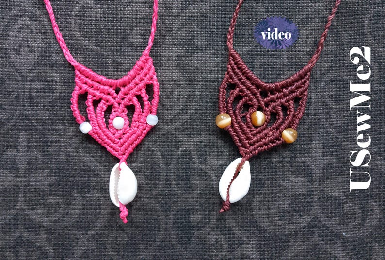 Micro Macrame Necklace Tutorial - Macrame pendant simple choker textile jewelty pattern Beach boho bikini accessory shell chocker VIDEO