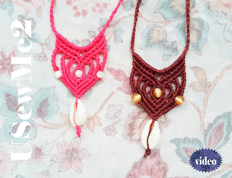 Micro Macrame Necklace Tutorial - Macrame pendant simple choker textile jewelty pattern Beach boho bikini accessory shell chocker VIDEO