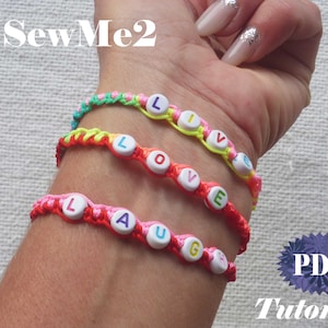 Tutorial de pulsera de macramé - Patrón de pulsera simple con palabras - Tutorial de cuentas de letras de joyería de micro macramé - Amistad Amor, Vivir, Reír