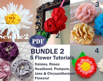 BUNDLE 2 Fabric Flower Tutorials - 5 Flower Sewing Pattern photo tutorials, A4 pompom, daisies, ruffle, rosettes flower pattern - PACK