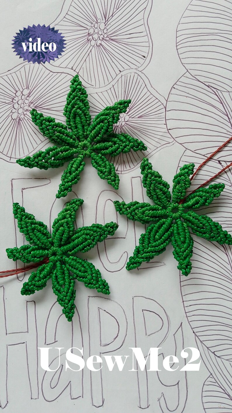 Macrame Leaf Micro Macrame Tutorial VIDEO how to macrame Cannabis Leaves pattern jewelry unique textil accessory macrame pendant pattern macrame how to beginner macrame EASY tutorial