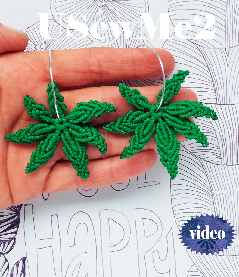 Macrame Leaf Micro Macrame Tutorial VIDEO how to macrame Cannabis Leaves pattern jewelry unique textil accessory macrame pendant pattern macrame how to beginner macrame EASY tutorial
