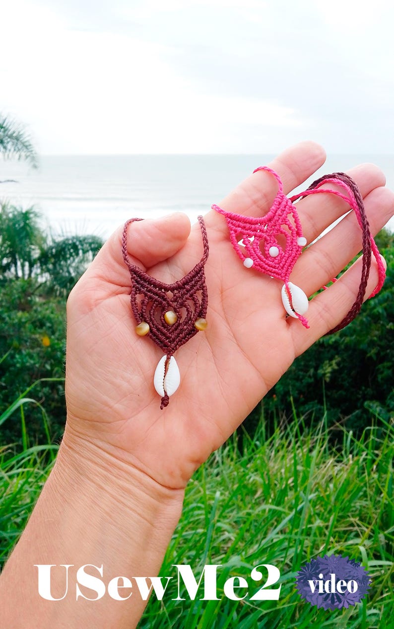 Micro Macrame Necklace Tutorial - Macrame pendant simple choker textile jewelty pattern Beach boho bikini accessory shell chocker VIDEO