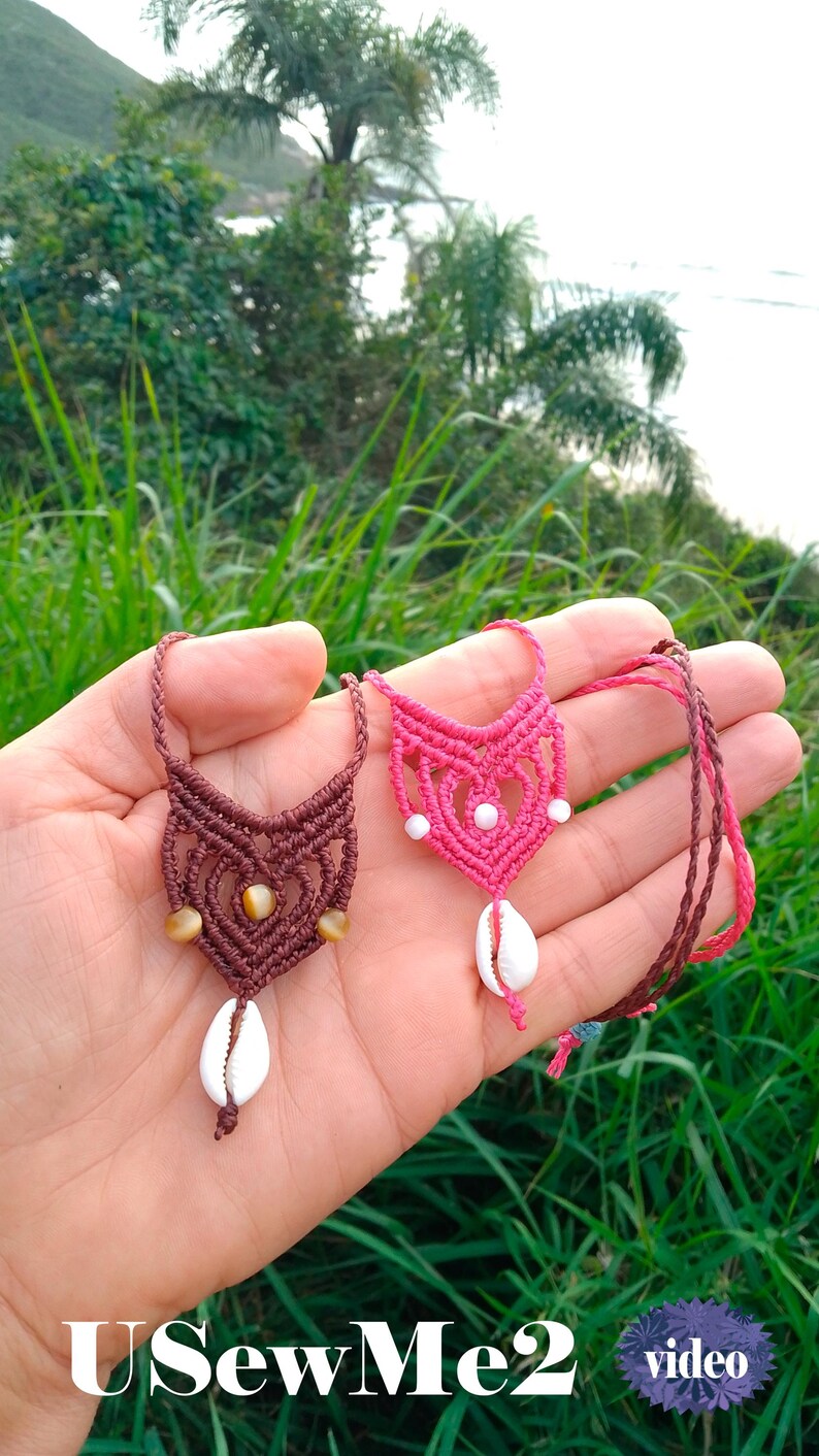 Micro Macrame Necklace Tutorial - Macrame pendant simple choker textile jewelty pattern Beach boho bikini accessory shell chocker VIDEO