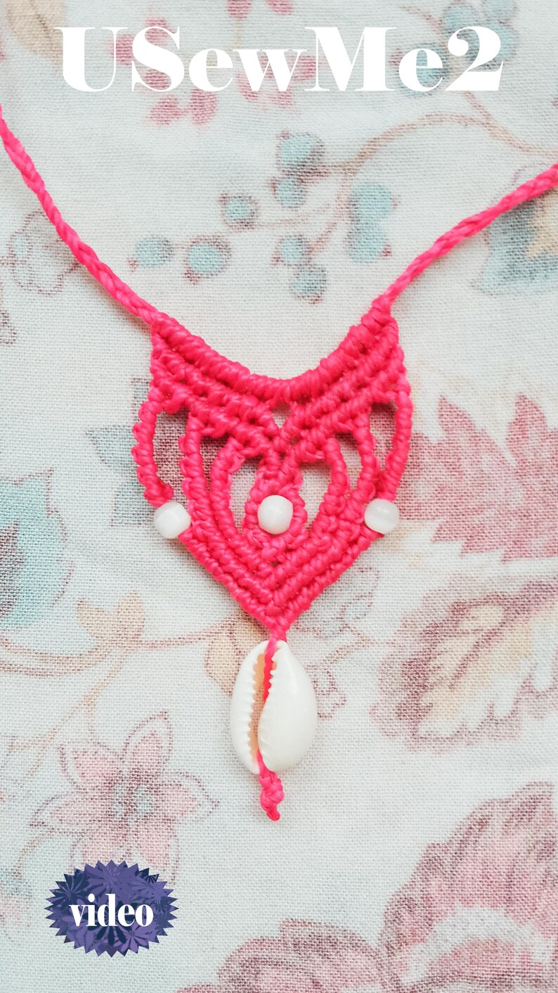 Micro Macrame Necklace Tutorial - Macrame pendant simple choker textile jewelty pattern Beach boho bikini accessory shell chocker VIDEO