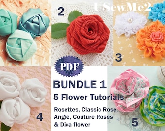 BUNDLE 1 Fabric Flower Tutorials - 5 Flower Sewing Pattern photo tutorials, A4 ribbon flower pattern - Big Deal