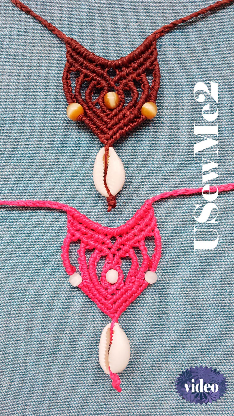 Micro Macrame Necklace Tutorial - Macrame pendant simple choker textile jewelty pattern Beach boho bikini accessory shell chocker VIDEO