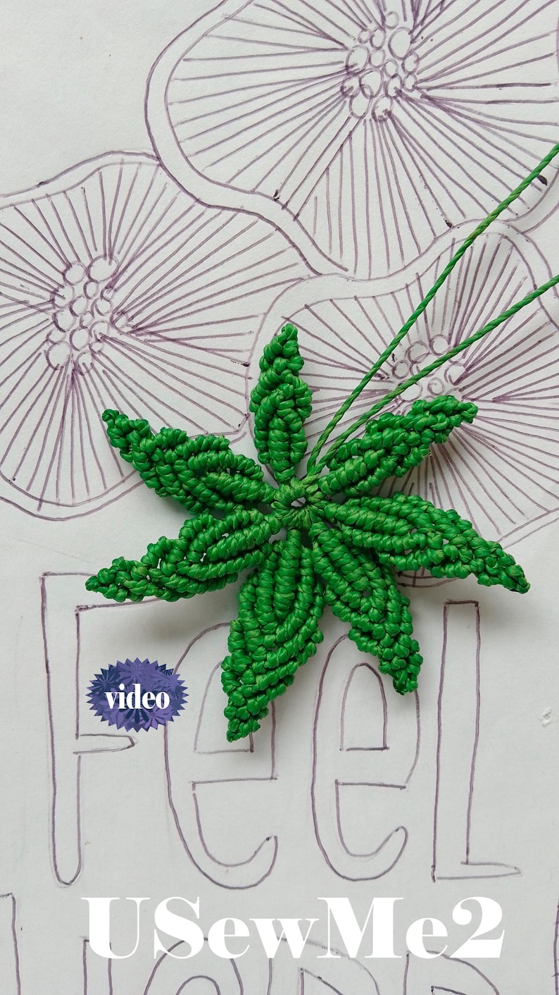 Macrame Leaf Micro Macrame Tutorial VIDEO how to macrame Cannabis Leaves pattern jewelry unique textil accessory image 1