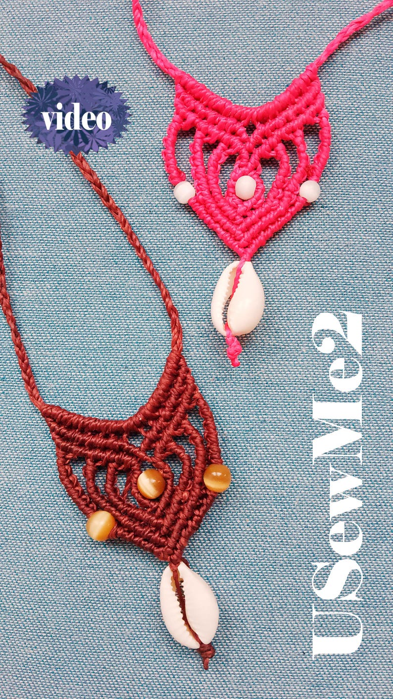 Micro Macrame Necklace Tutorial - Macrame pendant simple choker textile jewelty pattern Beach boho bikini accessory shell chocker VIDEO