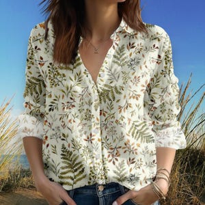 Botanical Print Linen Blouse Shirt, Women’s Long Sleeve Button Up, Cottagecore Floral Top, Vintage Inspired Boho Linen Shirt